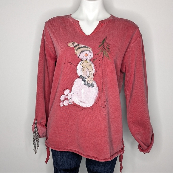 Kunky's Faded Red Winter Snowman Hand  Painted Long Sleeve Sweatshirt S - Picture 1 of 8